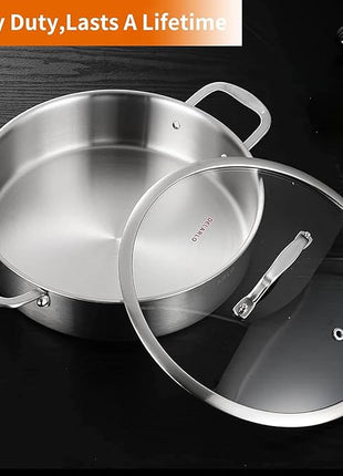 DELARLO Stainless Steel Pans,6QT Saute Pan,12 inch Everyday Pan with Lid,Dishwasher-Friendly Braiser,Stay-Cool Handles,Oven-Safe Up to 660℉