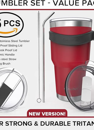 Stainless Steel Travel Mug with Handle 30 oz - 6 Piece Set. Tumbler with Handle, Straw, Cleaning Brush & 2 Lids. Double Wall Insulated Large Coffee Mug Bundle - Cherry Red Powder Coat Tumbler
