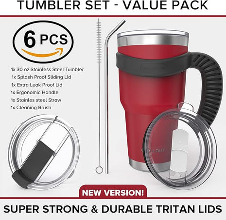 Stainless Steel Travel Mug with Handle 30 oz - 6 Piece Set. Tumbler with Handle, Straw, Cleaning Brush & 2 Lids. Double Wall Insulated Large Coffee Mug Bundle - Cherry Red Powder Coat Tumbler
