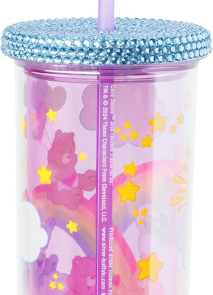 Silver Buffalo Care Bears Plastic Cold Cup with Rhinestone Lid and Straw Featuring Good Luck Bear, Love-a-Lot Bear, Friendship Bear, Tenderheart Bear, and Grumpy Bear, 20 Ounces