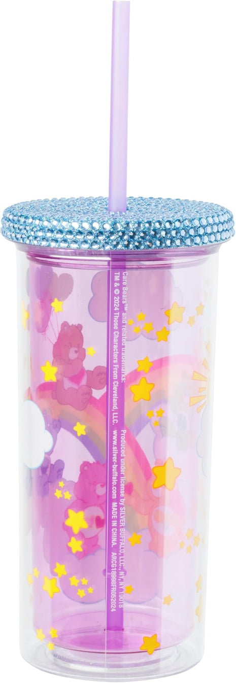 Silver Buffalo Care Bears Plastic Cold Cup with Rhinestone Lid and Straw Featuring Good Luck Bear, Love-a-Lot Bear, Friendship Bear, Tenderheart Bear, and Grumpy Bear, 20 Ounces