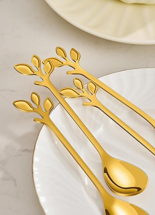 AnSaw Elegant Gold Leaf Coffee Spoons - 10-Piece, 4.7" Mini Stainless Steel Espresso & Dessert Tea Spoons, Perfect for Demitasse & Small Servings