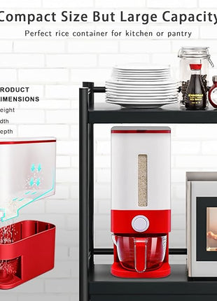 22-25 Lbs Rice Dispenser, Large Cereal Dry Food Storage Containers with Measuring Cup, BPA-Free Household for Kitchen Pantry Organization-Red