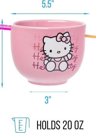 Silver Buffalo Sanrio Hello Kitty Waving Pink Ceramic Ramen Noodle Rice Bowl with Chopsticks, Microwave Safe, 20 Ounces,