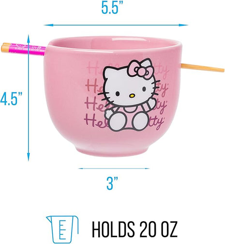 Silver Buffalo Sanrio Hello Kitty Waving Pink Ceramic Ramen Noodle Rice Bowl with Chopsticks, Microwave Safe, 20 Ounces,