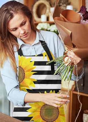 Britimes Apron Home Kitchen Cooking Baking Gardening for Women Men with Pockets Sunflowers Striped Black White Flower 32x28 inch