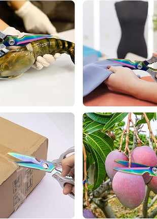 CGBE Kitchen Scissors, Multi-Purpose Kitchen Shears, Heavy Duty Dishwasher Safe Food Scissors for Chicken, Poultry, Fish, Meat & Herbs with Non-Slip Grips - Sliver Colorful