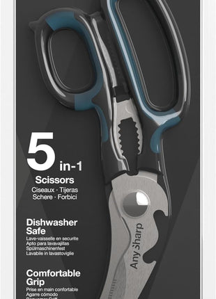 AnySharp 5-in-1 Multi-Function Kitchen Shears - Kitchen Scissors Heavy Duty with Hardened Steel Blades - Cut Chicken Bones and Thick Fabrics - Grip for Both Left and Right Handed - Dishwasher Safe