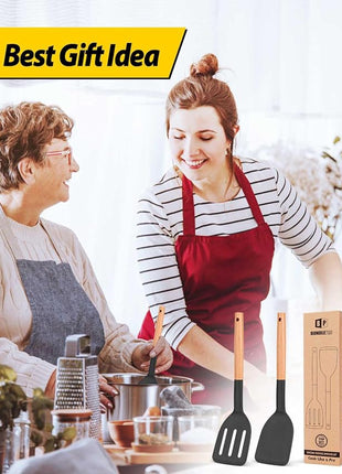 Pack of 2 Silicone Cooking Spatula, Heat Resistant Solid Turner, Non Stick Slotted Spatulas with Wooden Short Handle,Ideal Wood Kitchen Utensils Set for Frying, Baking, Flipping, Turning