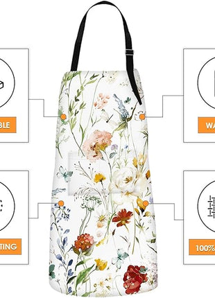 Britimes Apron Home Kitchen Cooking Baking Gardening for Women Men With Pockets Wildflower Flower Floral Boho Butterfly Hydrangea 32x28 inch