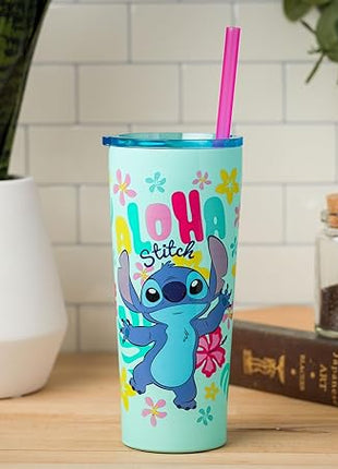 Silver Buffalo Disney Lilo and Stitch Aloha Double Walled Tumbler with Straw, 22 Ounces