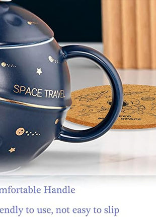 Kawaii Astronaut Cup Space Embossed Planet Mug, Cute Ceramic Coffee Mug, Novelty Mug with Lid and Spoon for Coffee, Tea, Milk, Aesthetic Room Decor Funny Gift for Girl Boy Women (Dark blue)