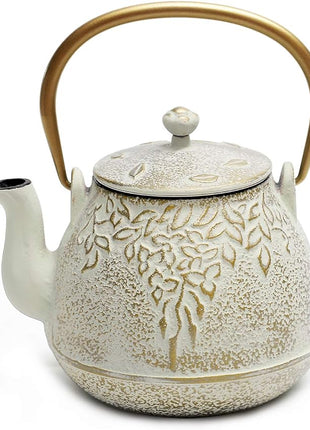 Tea Kettle, TOPTIER Japanese Cast Iron Teapot with Infuser for Loose Leaf and Tea Bags, Stovetop Safe Cast Iron Tea Kettle Coated with Enameled Interior for 40 oz (1200 ml), Beige