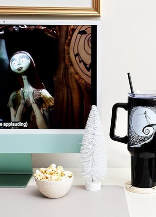 Silver Buffalo Disney Nightmare Before Christmas by Tim Burton Jack Skellington Hill and Moon Drawing Stainless Steel Tumbler with Handle and Straw, Fits in Standard Cup Holder, 40 Ounces