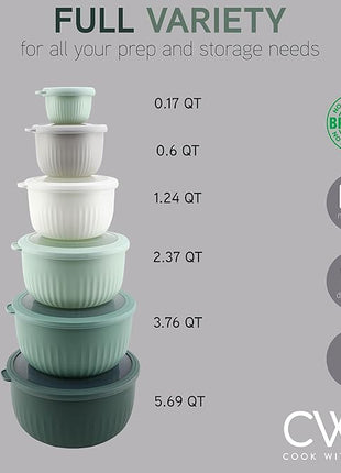COOK WITH COLOR Prep Bowls with Lids- Wide and Deep Nesting Plastic Small Mixing Bowl Set with Lids, 12 Piece Set - Deep Bowls, Sage