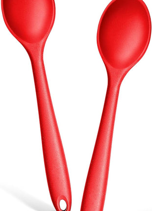 E-far Silicone Cooking Spoon Set of 2, Heat Resistant Kitchen Spoons Utensils Nonstick Mixing Spoon for Baking Stirring Serving, Non-Toxic & Dishwasher Safe (Red)