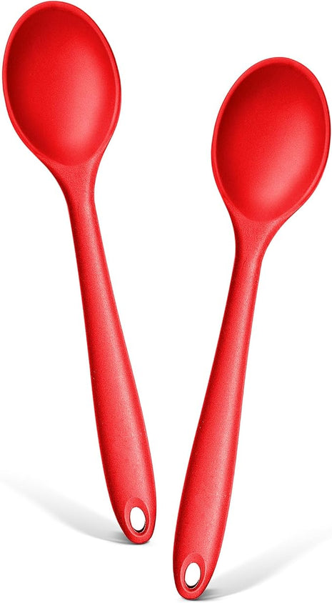 E-far Silicone Cooking Spoon Set of 2, Heat Resistant Kitchen Spoons Utensils Nonstick Mixing Spoon for Baking Stirring Serving, Non-Toxic & Dishwasher Safe (Red)