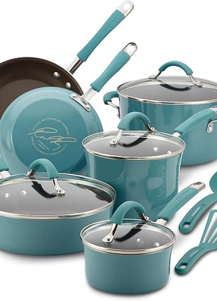 Rachael Ray Cucina Nonstick Cookware Pots and Pans Set, 12 Piece, Agave Blue