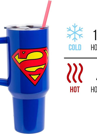 Silver Buffalo DC Comics Superman Logo Stainless Steel Tumbler with Handle and Straw, Fits in Standard Cup Holder, 40 Ounces