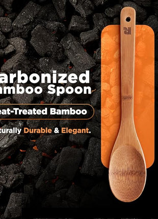 Riveira Dark Bamboo Wooden Spoons for Cooking 6-Piece, Apartment Essentials Wood Spatula Spoon Nonstick Kitchen Utensil Set Premium Quality Housewarming Gifts for Everyday Use