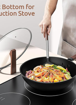 Carbon Steel Wok - Including Glass Cover and Silicone Spatula, 13-Inch Woks & Stir-Fry Pans for Induction, Electric, Gas Stoves