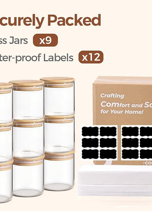 ComSaf 0.6 Qt Glass Food Storage Jars Set of 9, Clear Glass Storage Containers with Lids, Pantry Organization Jar, Spice, Blooming Tea, Oat, Coffee and Sugar Container, Small Canister Set for Kitchen
