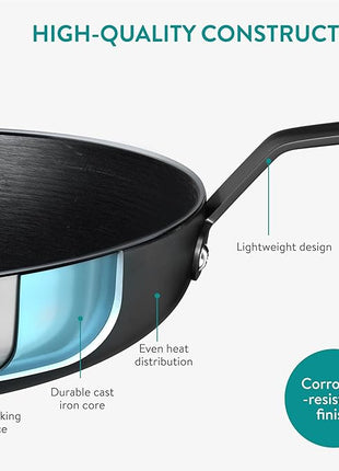 Navaris Nitrided Cast Iron Skillet Pan - Pre-Seasoned Lightweight Non Toxic Frying Pans - Dishwasher Safe Ovenproof No Re-Season Cast Iron Skillets - Dishwasher Safe - 9.8"(25cm)