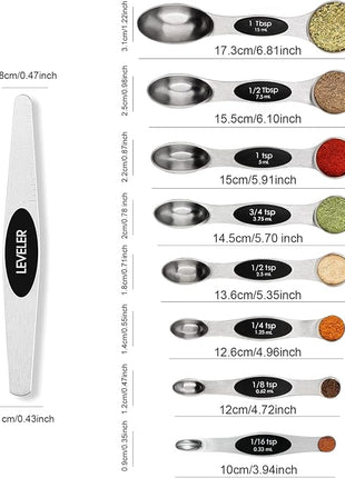 Magnetic Measuring Spoons Set Stainless Steel with Leveler-9pcs Stackable Metal Tablespoon Measure Spoon for Baking-Measuring Cups and Spoon Set Kitchen Gadgets Apartment Essentials Fits in Spice Jars