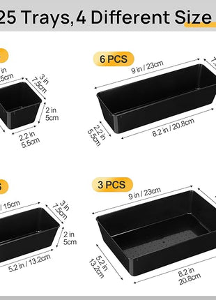 Vtopmart 25 PCS Office Desk Drawer Organizers Set, 4-Size Versatile Plastic Drawer Organizer Trays, Storage Bins for Desk Accessories Office Organizers and Storage, Bathroom, Makeup, Vanity, Black