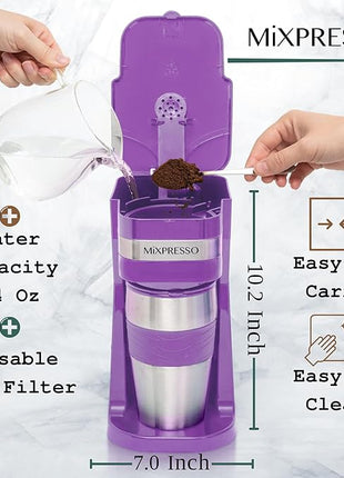 Mixpresso Purple Personal Single Serve Coffee Maker with 14oz Travel Mug, Drip Small Coffee Maker with Auto Shut Off, Reusable Filter, Works with Ground Coffee Only – Not for K-Cup Pods