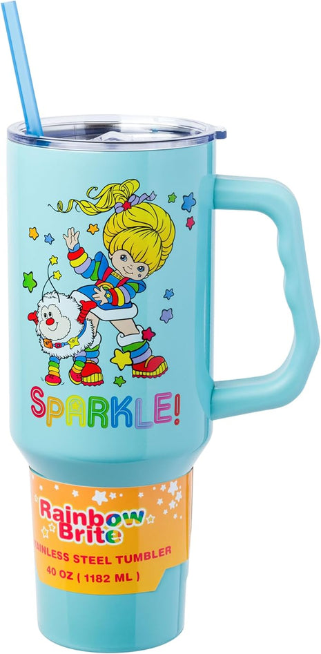 Silver Buffalo Rainbow Brite and Twink Sparkle Stainless Steel Tumbler with Handle and Straw, Fits in Standard Cup Holder, 40 Ounces (Pack of 12)