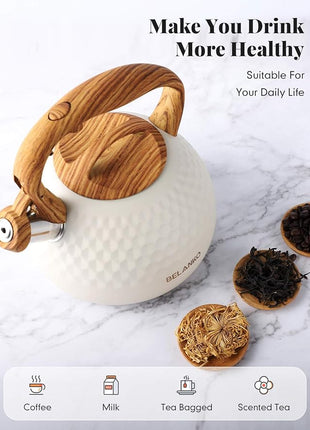 BELANKO 2.7 Quart Tea Kettle for Stovetop - Food Grade Stainless Steel with Diamond Texture, Designer Teapot Look, Cool-Touch Wood Pattern Handle, Whistling Spout - Milk White
