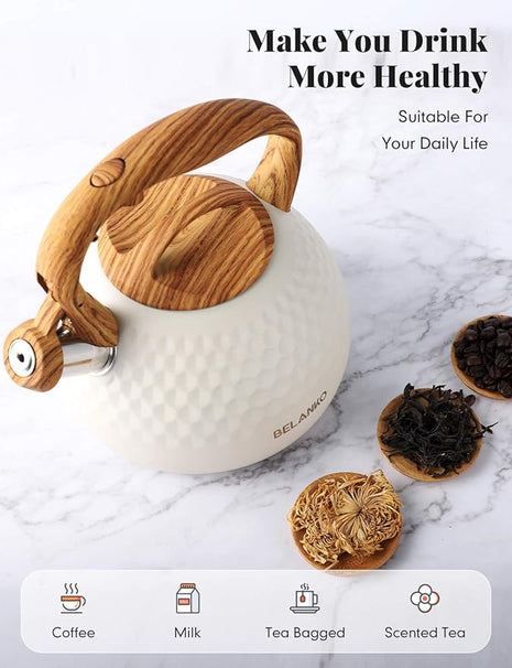 BELANKO 2.7 Quart Tea Kettle for Stovetop - Food Grade Stainless Steel with Diamond Texture, Designer Teapot Look, Cool-Touch Wood Pattern Handle, Whistling Spout - Milk White