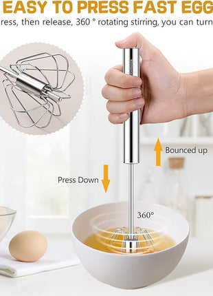 NileHome Stainless Steel Whisk Set 8" 10" Hand Blender + 12" Semi-Automatic Rotary Kitchen Whisk Kitchen Wisk Wire Whisks for Cooking, Whisking, Blending, Beating, Stirring- 3 Pack...