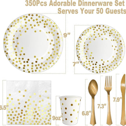 AIRE 350PCS White and Gold Paper Plates Party Supplies for 50 Guests Disposable Party Decorations Dinnerware Gold Paper Plates Napkins Cups Gold Plastic Forks Knives Spoons for Wedding Birthday