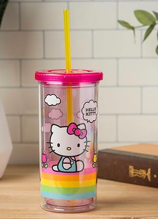 Silver Buffalo Sanrio Hello Kitty Spring and Summer Flowers Rainbow Stripes Plastic Cold Cup with Lid and Straw, 20 Ounces