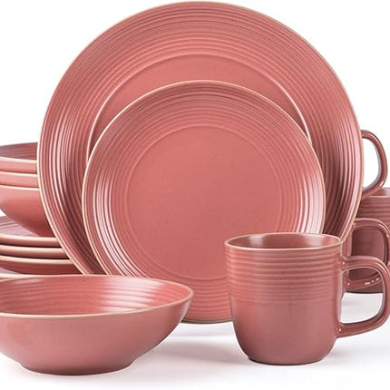 RINGAR Round Stoneware 16pc Dinnerware Set of 4, Dinner Plates, Side Plates, Cereal Bowls, Mugs - Speckle Matte Red (395476)