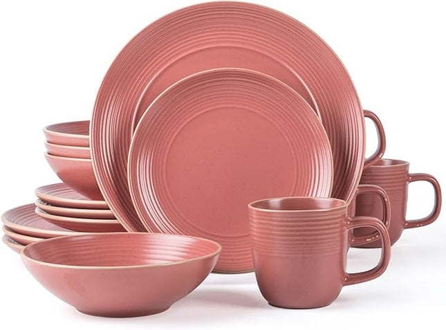 RINGAR Round Stoneware 16pc Dinnerware Set of 4, Dinner Plates, Side Plates, Cereal Bowls, Mugs - Speckle Matte Red (395476)