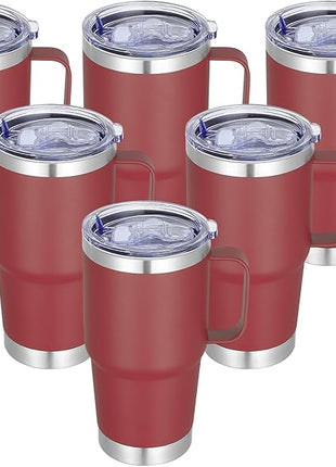 20 oz Stainless Steel Tumbler with Handle Bulk Metal Insulated Tumblers Travel Coffee Mug with Handle Double Wall Tumbler Cup with Lid and Straw, Wine Red 6 Pack