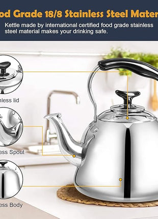 Tea Kettle Stovetop Whistling Teakettle ClassicTeapot Stainless Steel Tea Pots for Stove Top with Heat-resistant Folding Handle Mirror Finish, 2 liters