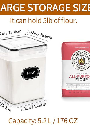 4 Pack Large Airtight Food Storage Containers with Lids (5.2L / 176oz), BPA Free Plastic Kitchen and Pantry Organization Contianers for Cereal Flour and Sugar Storage, Labels & Marker