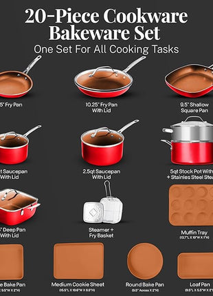 Gotham Steel 20 Pc Pots and Pans Set Nonstick Cookware + Bakeware Set, Complete Ceramic for Kitchen, Non Stick with Lids, Dishwasher / Oven Safe, Toxic - Red