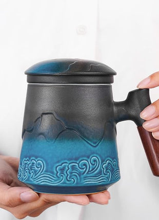 ZENS Tea Cup with Infuser and Lid for Loose Leaf Steeping, 16.9oz Embossed Ceramic Tea Infuser Mug, Wood Handle Tea Diffuser, Great Gift