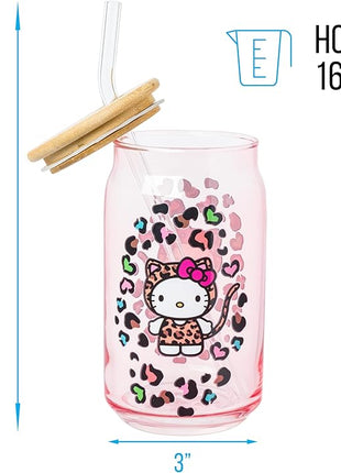 Silver Buffalo Sanrio Hello Kitty in Leopard Print Outfit and Leopard Cat Print Pattern Pink Glass Jar Tumbler with Bamboo Lid and Glass Straw, 16 Ounces