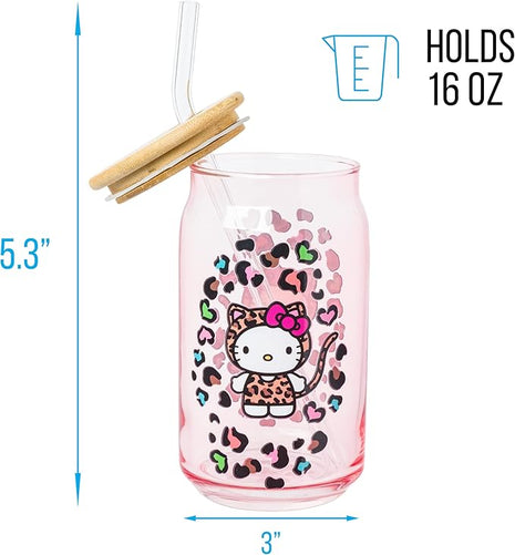 Silver Buffalo Sanrio Hello Kitty in Leopard Print Outfit and Leopard Cat Print Pattern Pink Glass Jar Tumbler with Bamboo Lid and Glass Straw, 16 Ounces