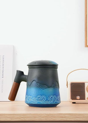 ZENS Tea Cup with Infuser and Lid for Loose Leaf Steeping, 16.9oz Embossed Ceramic Tea Infuser Mug, Wood Handle Tea Diffuser, Great Gift