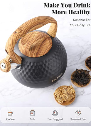 BELANKO 2.7 Quart Tea Kettle for Stovetop - Food Grade Stainless Steel with Diamond Texture, Designer Teapot Look, Cool-Touch Wood Pattern Handle, Whistling Spout - Matte Black