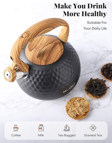 BELANKO 2.7 Quart Tea Kettle for Stovetop - Food Grade Stainless Steel with Diamond Texture, Designer Teapot Look, Cool-Touch Wood Pattern Handle, Whistling Spout - Matte Black