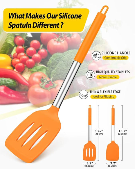 Pack of 2 Silicone Solid Turner, Non Stick Slotted Kitchen Spatulas, High Heat Resistant BPA Free Cooking Utensils, Ideal Cookware for Fish, Eggs, Pancakes (ORANGE)