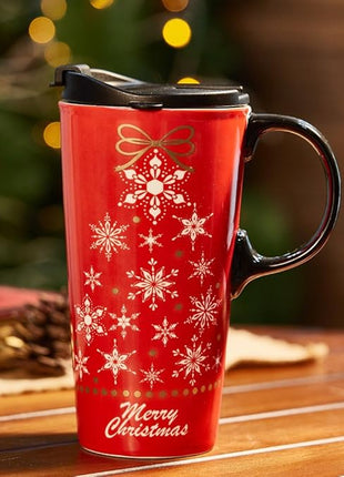 Topadorn Christmas Ceramic Mug Coffee Cup with Sealed Lid and Matched Gift Box Latte Mug 17oz(Snowflake)